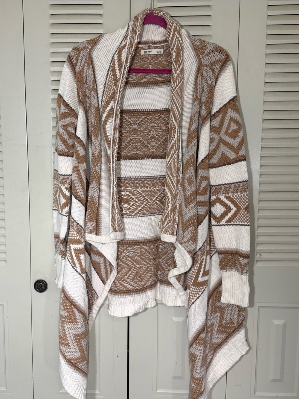 Old Navy Open Front Drape Cardigan Cream and Tan Aztec Geometric Pattern Size M